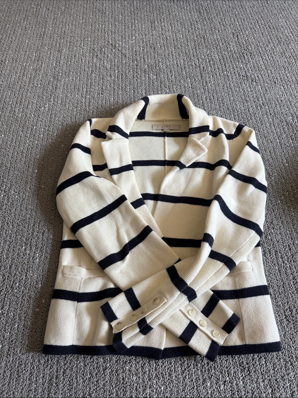 LOFT Cream and Navy Striped Knit Blazer